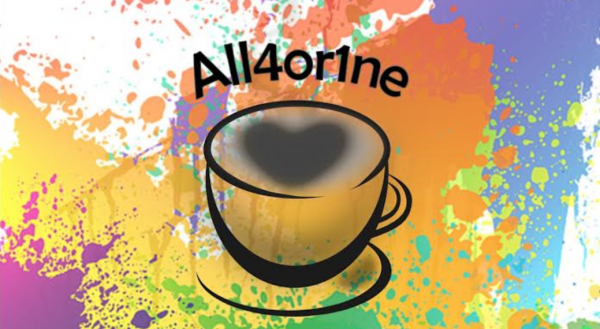 Text "All4or1ne" über einer Kaffeetasse vor buntem Hintergrund.