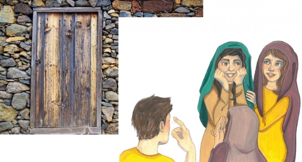 Holztür mit Metallbeschlägen in einer Steinmauer neben einer Illustration von vier Personen, drei davon mit Kopfbedeckungen, die miteinander sprechen