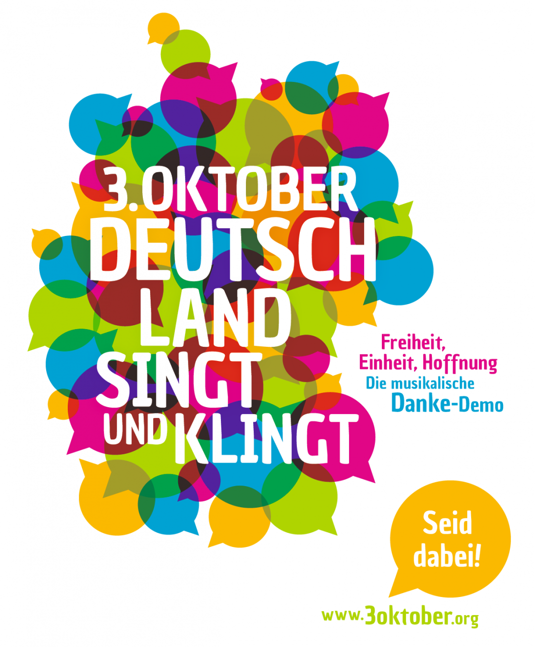 Text "3. Oktober – Deutschland singt und klingt" auf bunten Sprechblasen, die die Form von Deutschland bilden.
