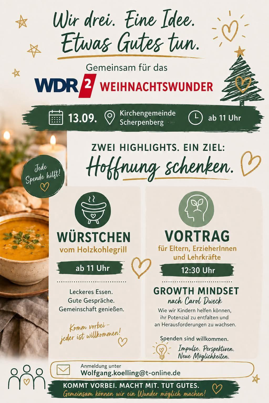 Plakat für eine Veranstaltung im Begegnungszentrum Scherpenberg mit Terminen für Würstchen vom Holzkohlegrill ab 11 Uhr und Vortrag zum Growth Mindset um 12:30 Uhr