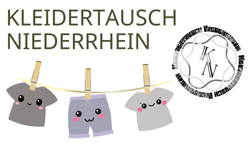 Text "Kleidertausch Niederrhein", darunter eine comic-artige Darstellung von T-Shirts und einer Hose mit Gesichtern auf an einer Wäscheleine, daneben das bekannte runde Logo der Veranstaltung.