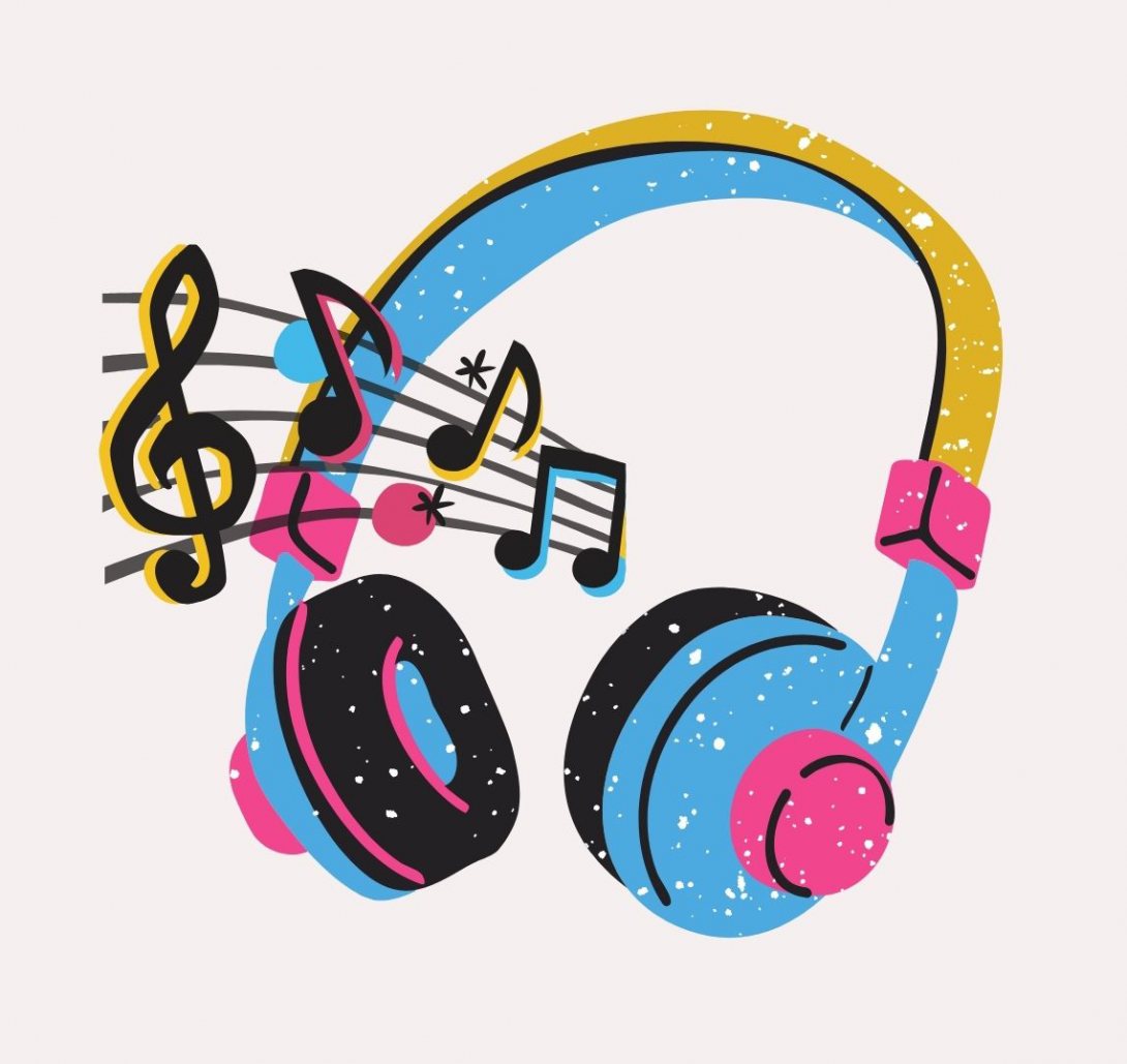 Bunte Grafik eines Over-Ear-Kopfhörers und fliegender Musiknoten.