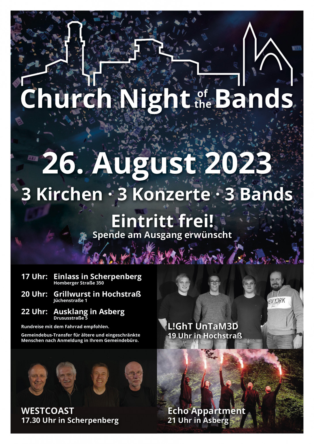 Plakat zur Veranstaltung Church Night of the Bands: Kirchenumrisse, Bandfotos, Uhrzeiten