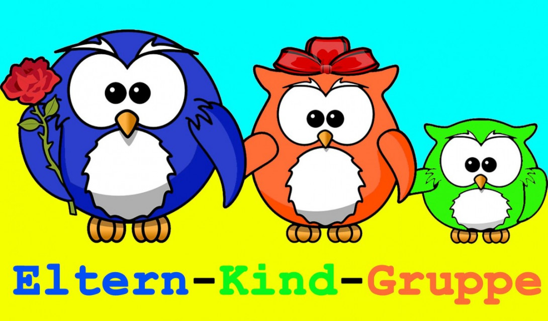 Grafik mit Familie Eule und Text: Eltern-Kind-Gruppe